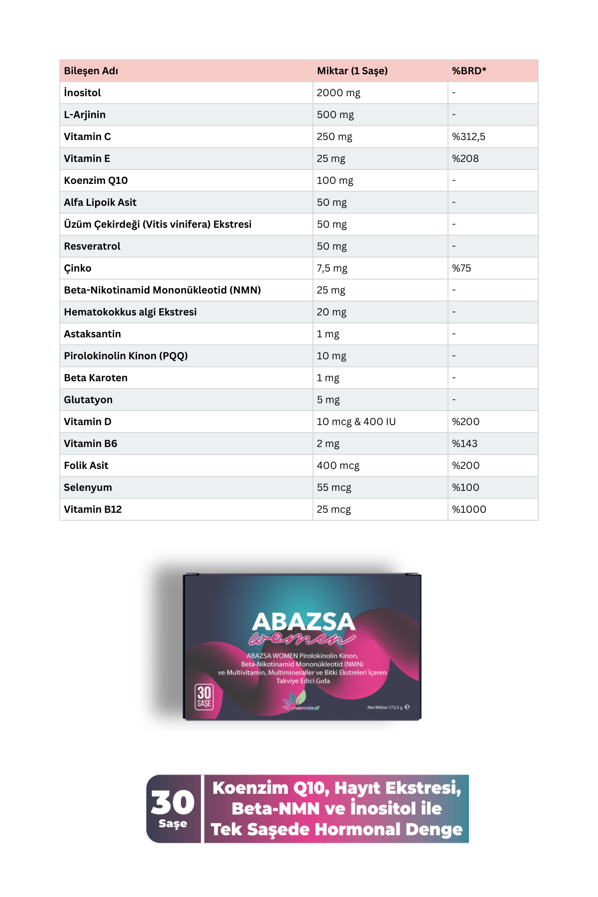 Abazsa Women 30 Saşe – Kadınlar İçin Enerji, Bağışıklık ve Hücre Yenilenmesi Destekli Takviye - Görsel 2