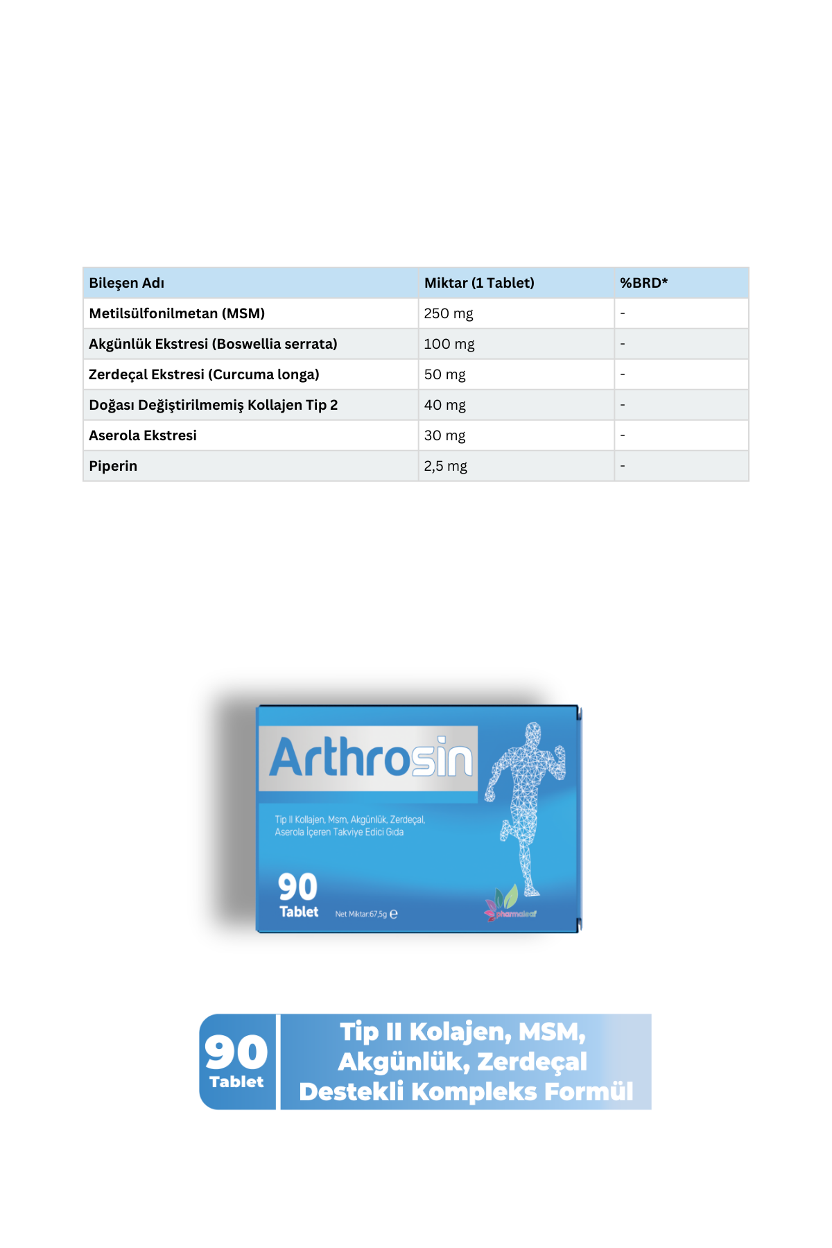 Arthrosin 90 Tablet – Kolajen Tip 2, MSM, Akgünlük, Zerdeçal, C Vitamini Takviyesi - Görsel 2