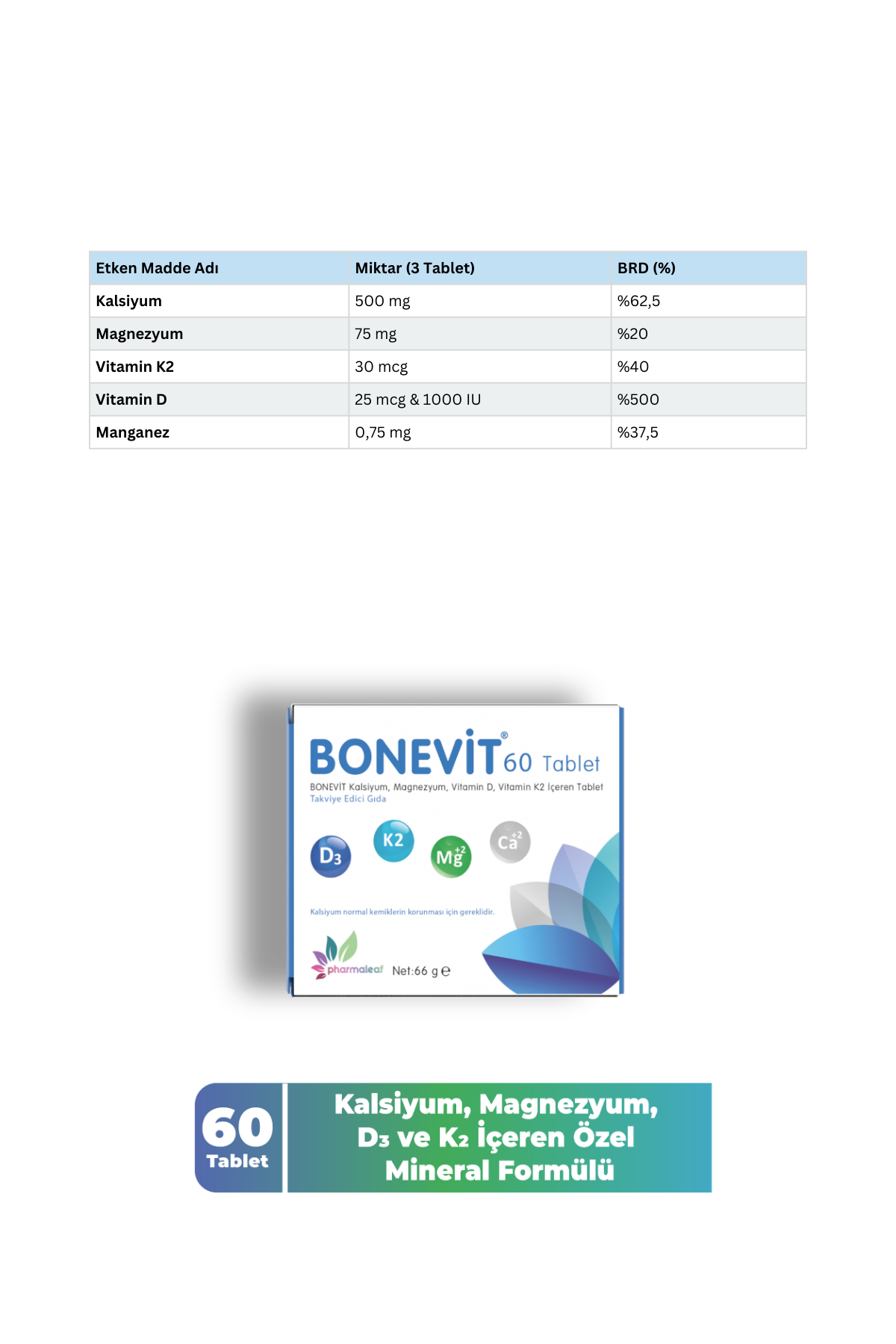 Bonevit 60 Tablet – Kalsiyum Sitrat, Magnezyum Sitrat, Vitamin D3, K2 ve Manganez İçeren Kemik Desteği - Görsel 2