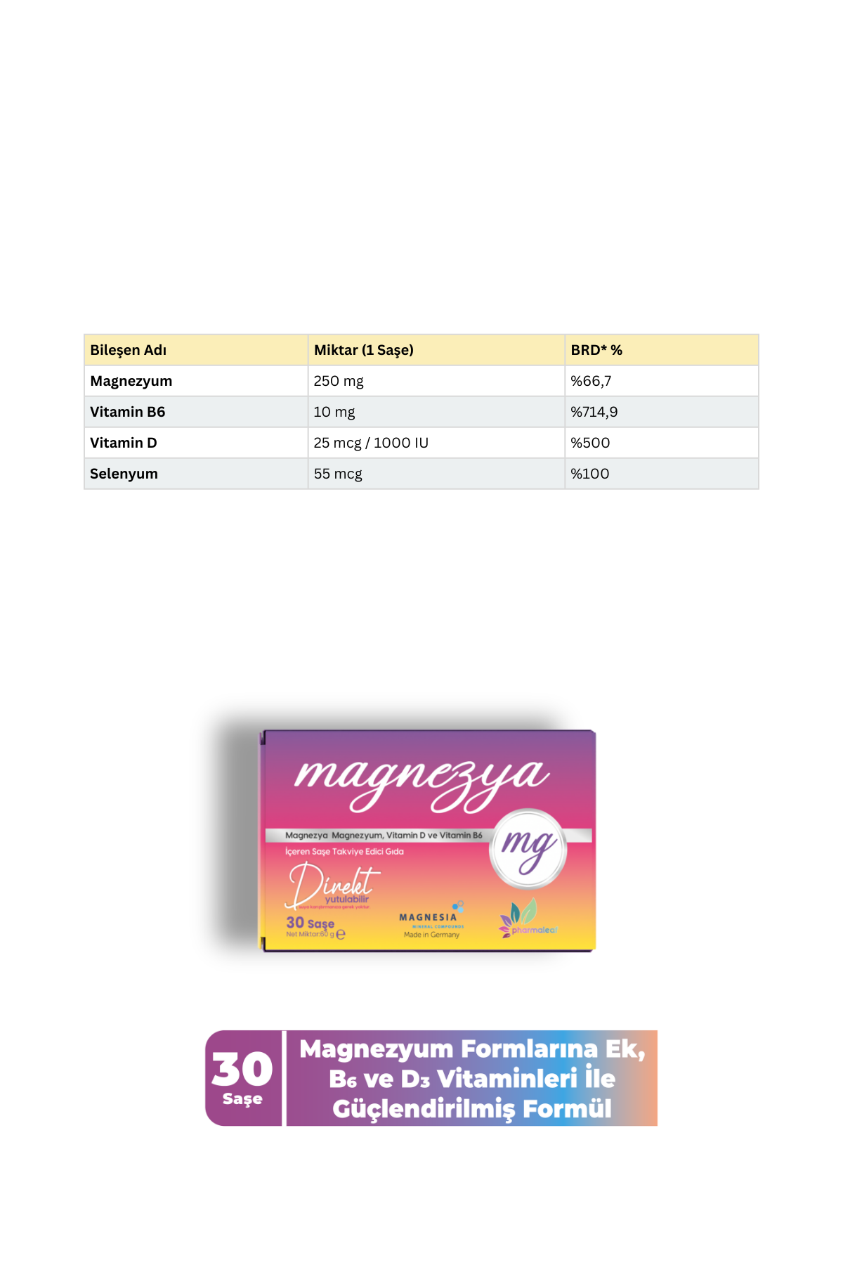 Magnezya 30 Saşe – Magnezyum Bisglisinat, Sitrat, Malat, Vitamin D3, B6 (P5P) ve Selenyum Takviyesi - Görsel 2