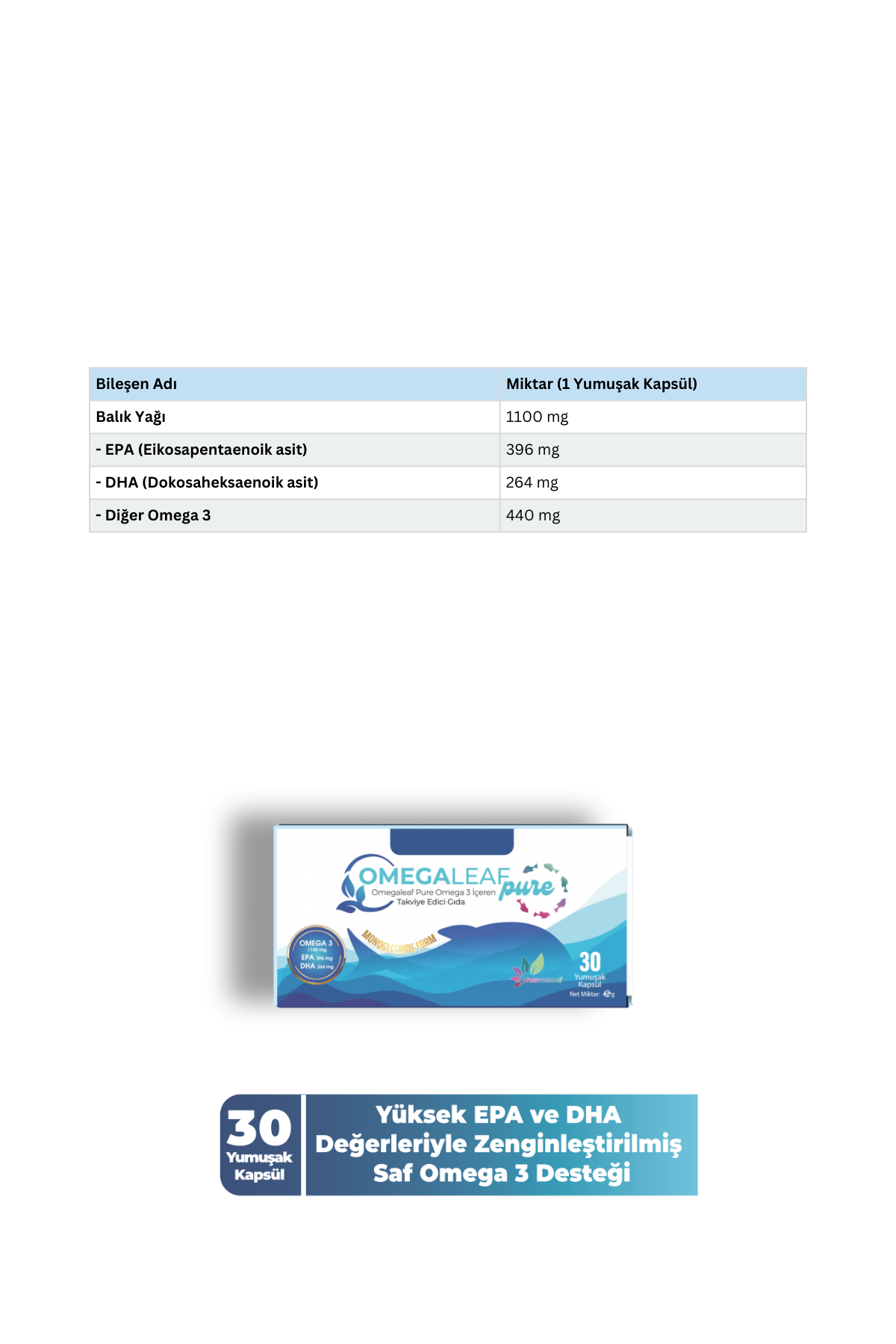 Omegaleaf Pure 30 Kapsül – Ultra Saf Monogliserit Form Omega-3 (EPA & DHA) Takviyesi - Görsel 2