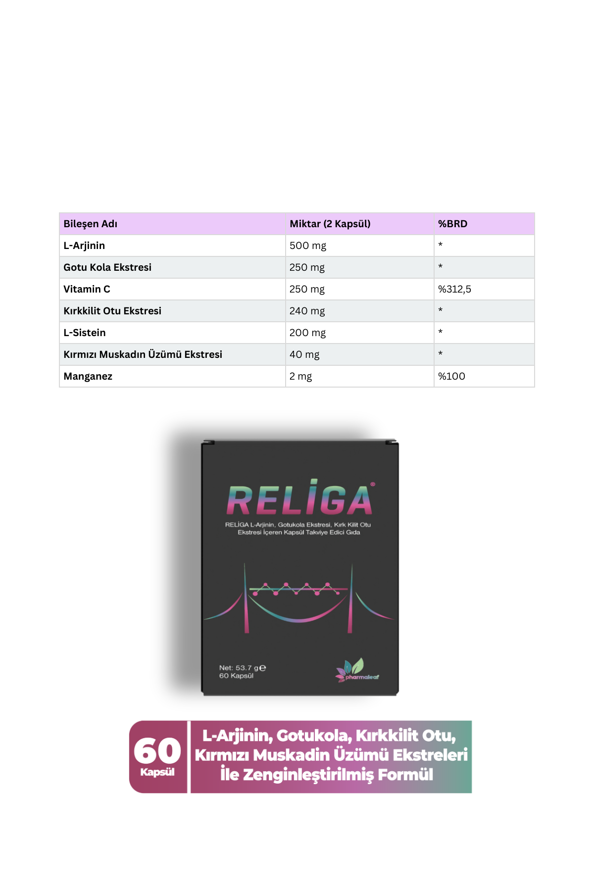 Religa 60 Kapsül – L-Arjinin, Gotu Kola, Kırk Kilit Otu ve C Vitamini İçeren Bağ Dokusu ve Tendon Takviyesi - Görsel 2