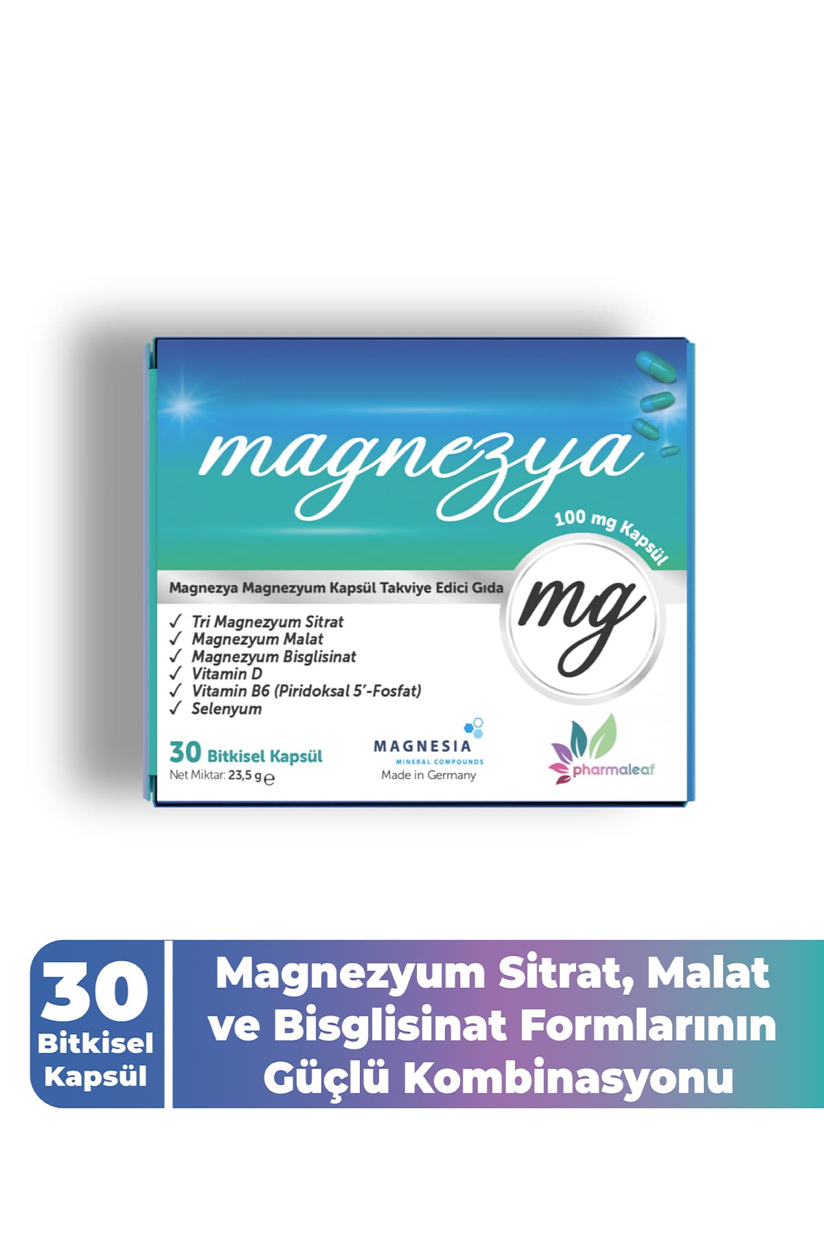 Magnezya 30 Bitkisel Kapsül – Magnezyum Bisglisinat, Sitrat, Vitamin D3, B6 (P5P) ve Selenyum